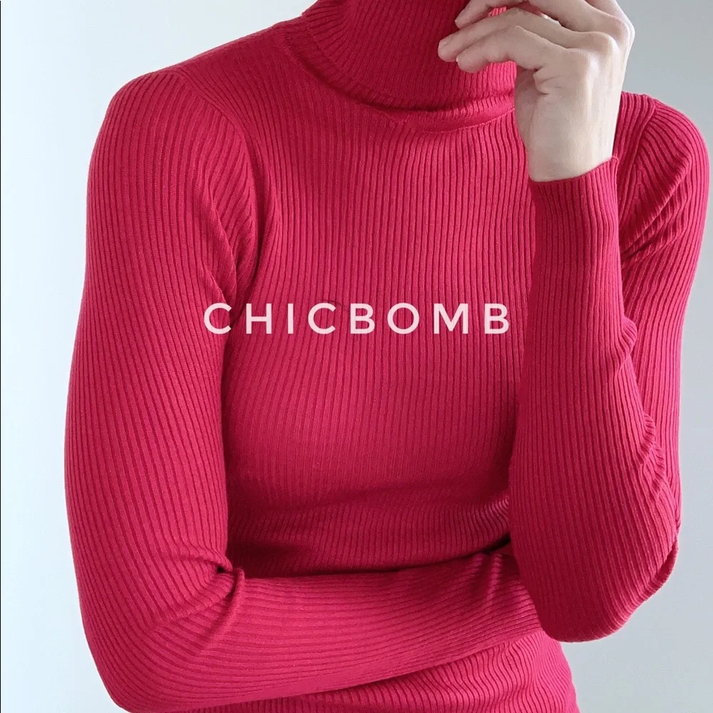 RED SLIM FIT RIBBED TURTLENECK TOP - Picture 6 of 14